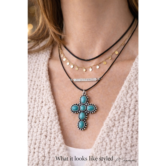 NEW Southwest Turquoise Cross Pendant Necklace Silver Tone Boho Western - Picture 4 of 4